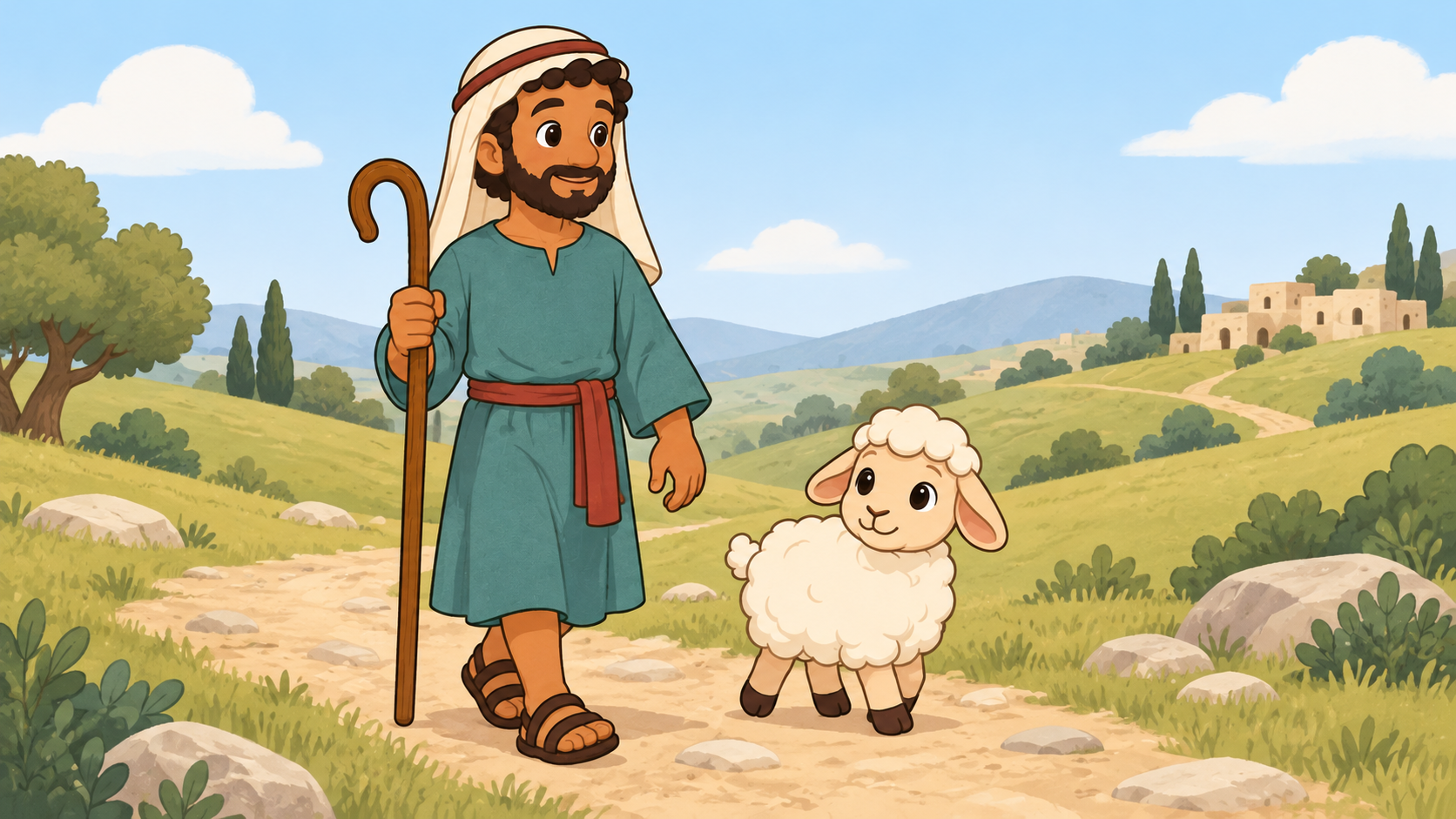 A smiling shepherd and a little sheep walking through sunny hills